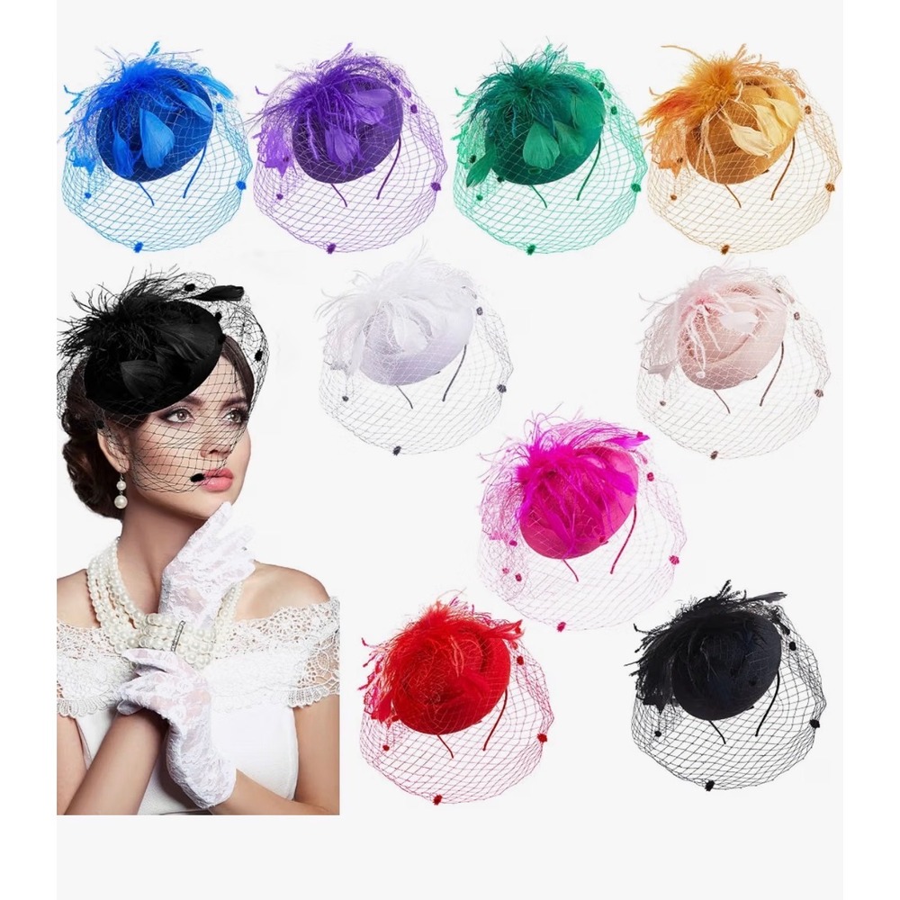 9 pcs Vintage Style Pillbox Fascinator Hat with Birdcage Veil and Feathers